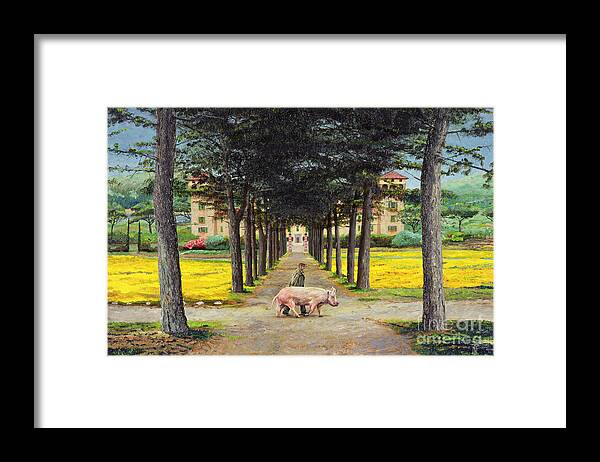 Farmer; Villa; Landscape; Italian; Italy; Animal; Pig; Big Pig; Tree; Trees; Tuscany; Pistoia Framed Print featuring the painting Big Pig - Pistoia -Tuscany by Trevor Neal 
