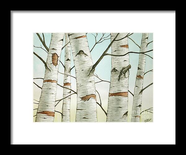 Birch Tree Framed Print featuring the painting Birch Trees in Late Autumn in watercolor by Christopher Shellhammer