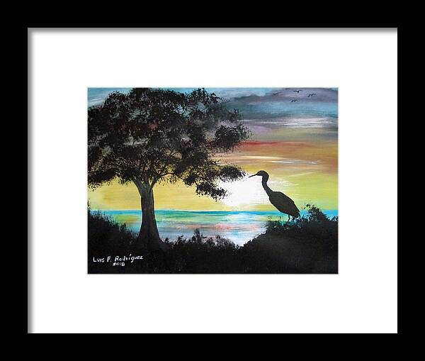 Bird Framed Print featuring the painting Bird During Sunset by Luis F Rodriguez