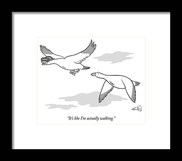 it's Like I'm Actually Walking. Framed Print featuring the drawing Bird wearing virtual reality goggles by Ellis Rosen