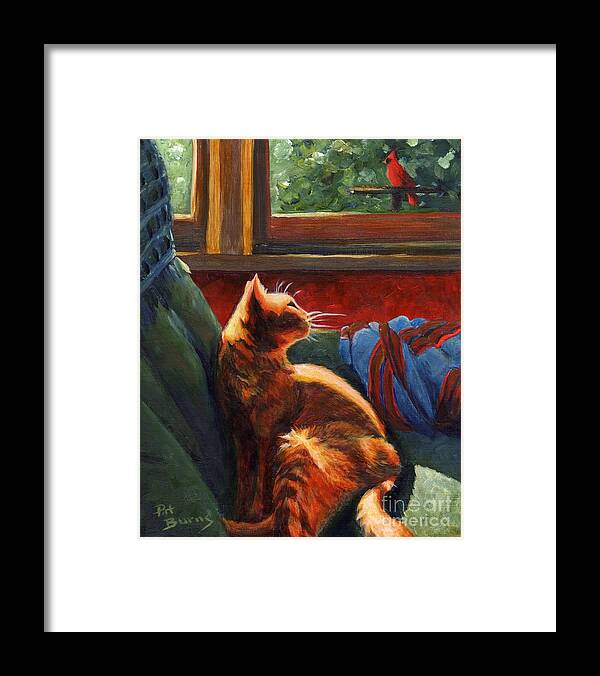 Cat Framed Print featuring the painting Birdie in the Window by Pat Burns