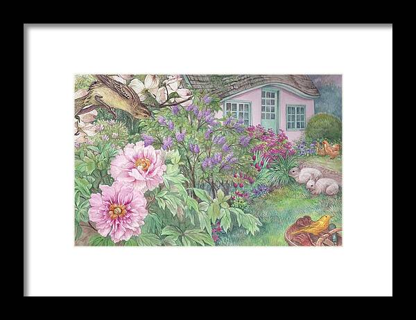 Pink Cottage Framed Print featuring the painting Birds and bunnies in cottage garden by Judith Cheng