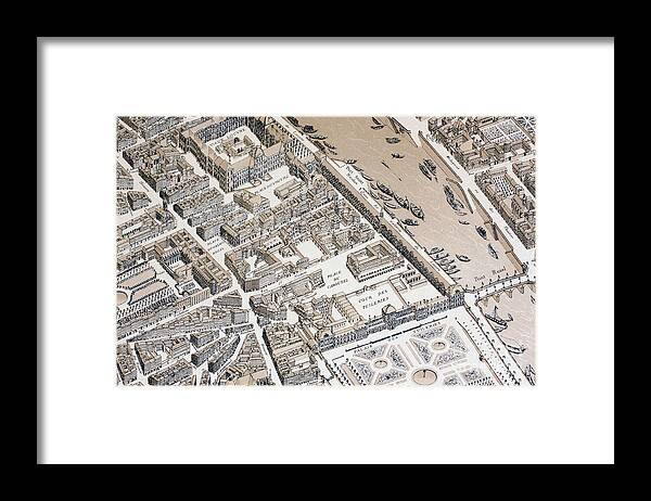 Paris Framed Print featuring the drawing Bird's Eye View of Paris in 1730 by French School