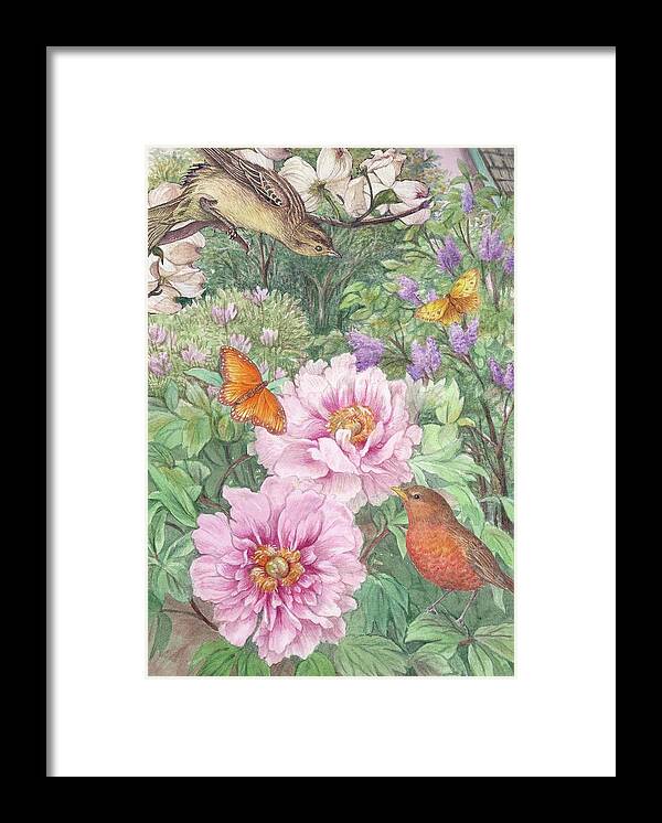 Illustrated Peony Framed Print featuring the painting Birds Peony Garden Illustration by Judith Cheng