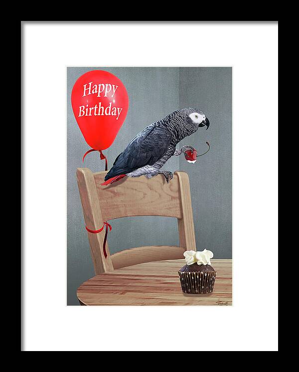 Parrot Framed Print featuring the digital art Birthday Bird Card by M Spadecaller