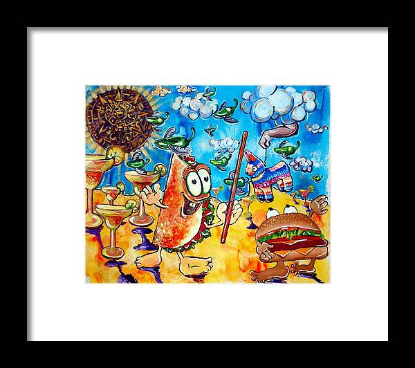 Mexican Art Framed Print featuring the painting Birthday party with mister Taco and Piata by Charles Harrison Pompa