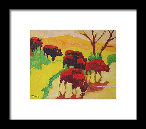 Bison Art Framed Print featuring the painting Bison Art Bison Crossing Stream Yellow Hill painting Bertram Poole by Thomas Bertram POOLE