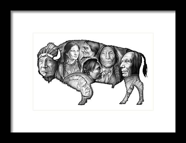American Indian Framed Print featuring the digital art Bison Indian Montage by Greg Joens