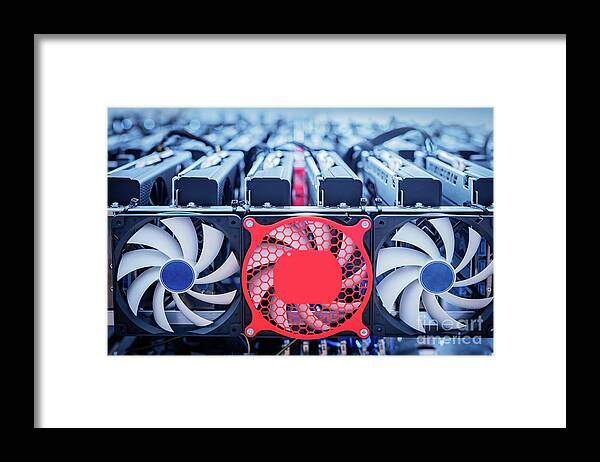Machine Framed Print featuring the photograph Bitcoin industry hardware. Cryptocurrency mining by Michal Bednarek