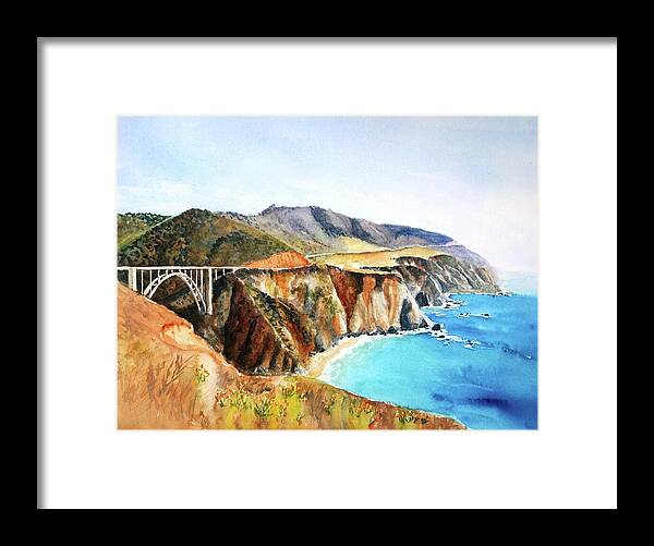 Bixby Bridge Framed Print featuring the painting Bixby Bridge Big Sur Coast California by Carlin Blahnik CarlinArtWatercolor
