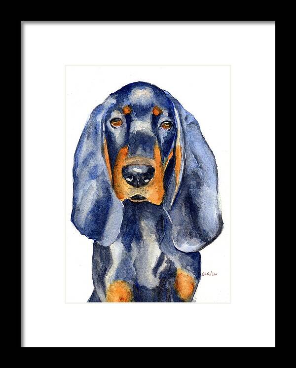 Dog Framed Print featuring the painting Black and Tan Coonhound Dog by Carlin Blahnik CarlinArtWatercolor