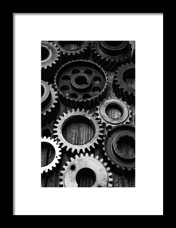 Machinery Framed Print featuring the photograph Black And White Gears by Garry Gay