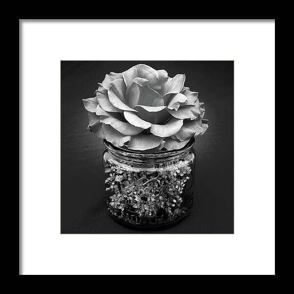 Rose Framed Print featuring the photograph Black and White Rose Antique Mason Jar 2 by Kathy Anselmo
