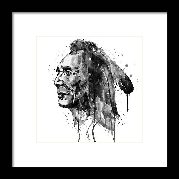 Sioux Framed Print featuring the painting Black and White Sioux Warrior Watercolor by Marian Voicu
