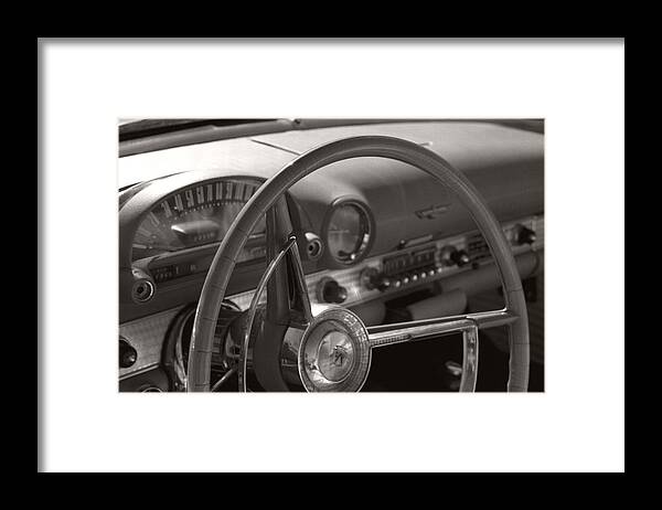 Black And White Photography Framed Print featuring the photograph Black and White Thunderbird Steering Wheel by Heather Kirk