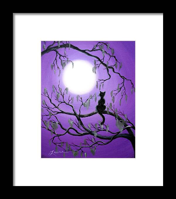 Painting Framed Print featuring the painting Black Cat in Mossy Tree by Laura Iverson