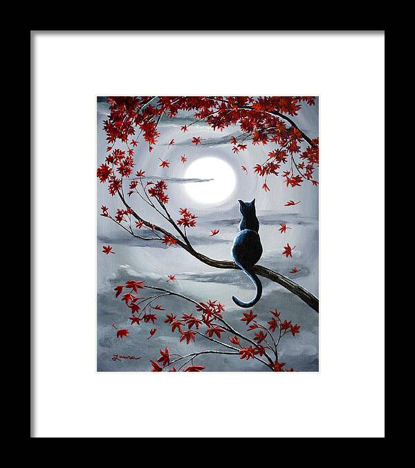 Zen Framed Print featuring the painting Black Cat in Silvery Moonlight by Laura Iverson