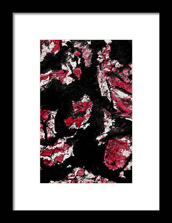 Black Ink Framed Print featuring the painting Black on Red by Joan Reese