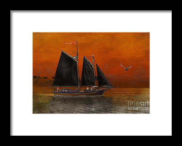 Schooner Framed Print featuring the digital art Black Sails in the Sunset by Chris Armytage