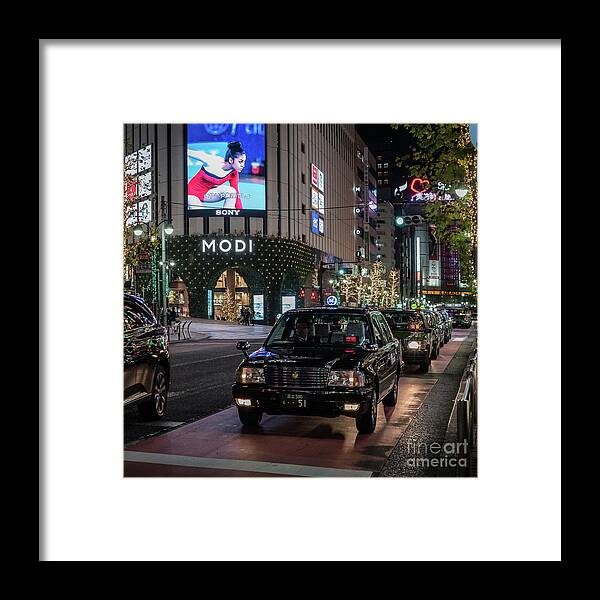 People Framed Print featuring the photograph Black Taxi in Tokyo, Japan by Perry Rodriguez