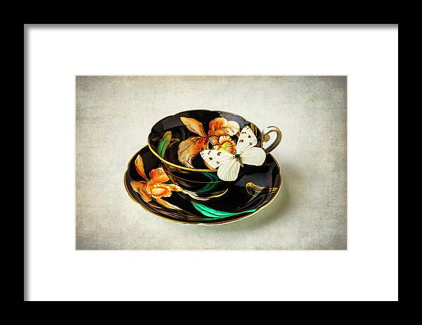 Colorful Framed Print featuring the photograph Black tea Cup And White Butterfly by Garry Gay