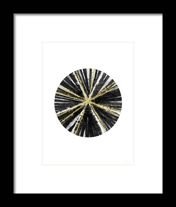 Round Framed Print featuring the painting Black, White and Gold Ball- Art by Linda Woods by Linda Woods