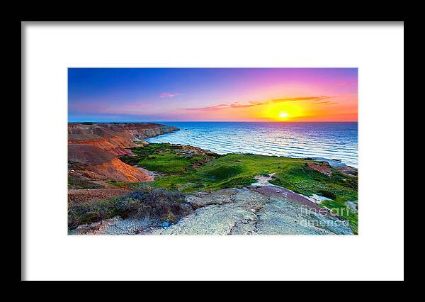 Blanche Point Sunset South Australia Seascape Australian Clay Cliffs Gull Rock Framed Print featuring the photograph Blanche Point Sunset by Bill Robinson