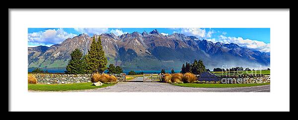 Mountains Mountain Landscape Landscapes South Island New Zealand Valley Pano Panorama Farming Road Gate Stone Wall Glenorchy Rural Landscape Landscapes South Island New Zealand Lake Wakatipu Panoramic Panoramas Blanket Bay Framed Print featuring the photograph Blanket Bay and Mt Bonpland by Bill Robinson