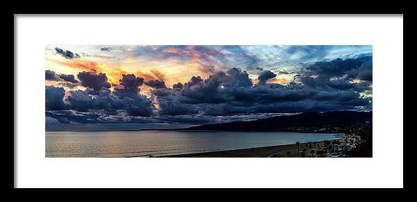 Santa Monica Bay Panorama Framed Print featuring the photograph Blazing Sky At Sunset - Panorama by Gene Parks