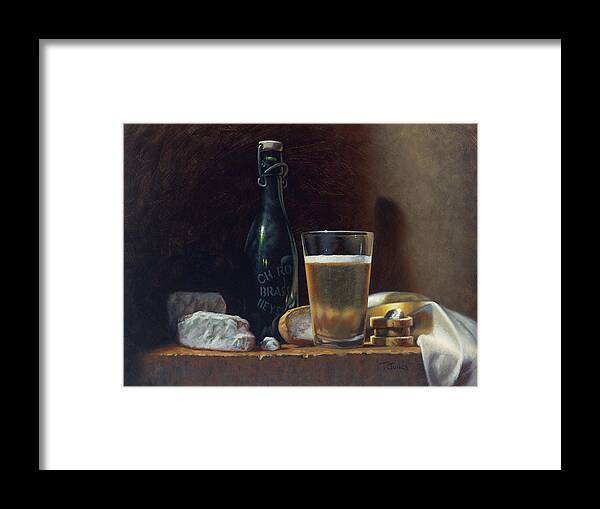  Oil Framed Print featuring the painting Bleu Cheese and Beer by Timothy Jones