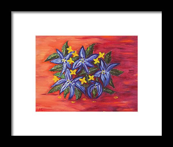 Flowers Framed Print featuring the painting Blooms over Orange by Neslihan Ergul Colley