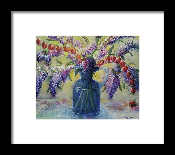 Blossoming Framed Print featuring the painting Blossoming Bleeding Hearts and Purple Lilacs II by Bernadette Krupa