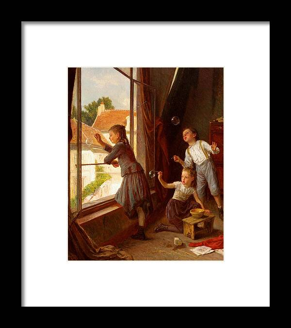 Theophile Duverger (1821-1901) Blowing Bubbles C. 1860 Framed Print featuring the painting Blowing Bubbles by MotionAge Designs