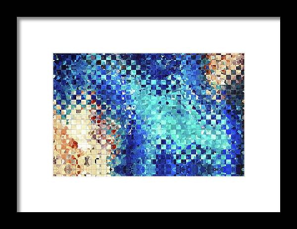 Abstract Framed Print featuring the painting Blue Abstract Art - Pieces 2 - Sharon Cummings by Sharon Cummings