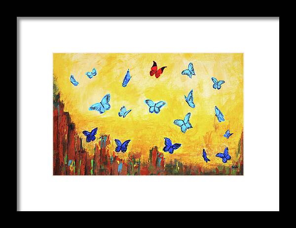 Blue Butterfly Framed Print featuring the painting Blue and Red Butterflies by Haleh Mahbod