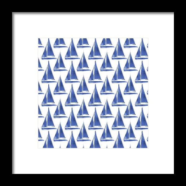 Boats Framed Print featuring the digital art Blue and White Sailboats Pattern- Art by Linda Woods by Linda Woods