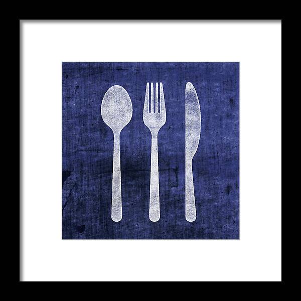Utensils Framed Print featuring the mixed media Blue and White Utensils- Art by Linda Woods by Linda Woods
