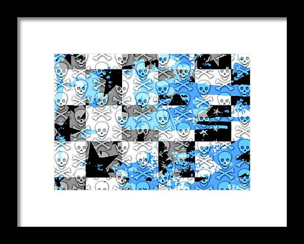 Skull Framed Print featuring the digital art Blue Checker Skull Splatter by Roseanne Jones