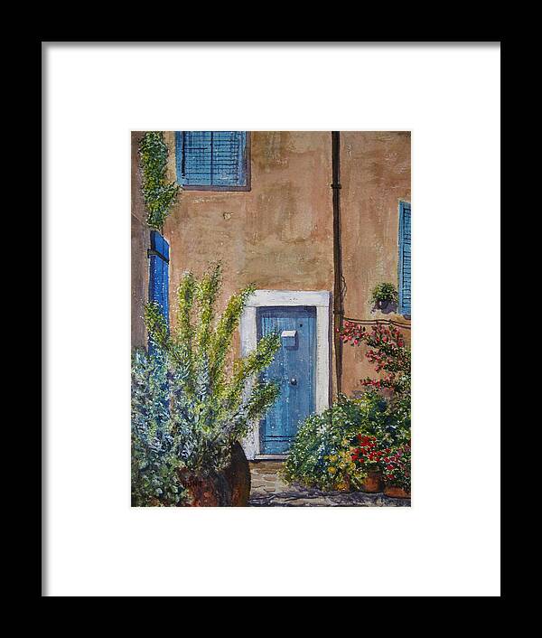 Landscape Framed Print featuring the painting Blue Door by Shirley Braithwaite Hunt