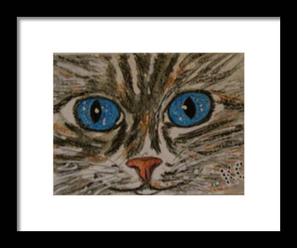 Blue Eyes Framed Print featuring the painting Blue Eyed Tiger Cat by Kathy Marrs Chandler