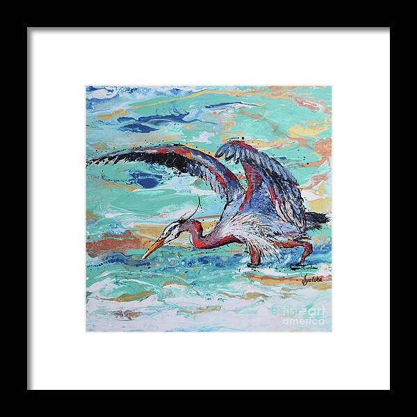 Great Blue Heron Framed Print featuring the painting Blue Heron Hunting by Jyotika Shroff