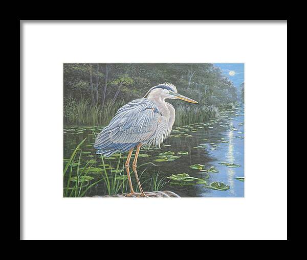 Wildlife Framed Print featuring the painting Blue Heron Moon by Bruce Dumas
