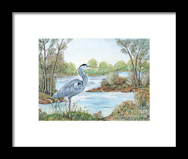Heron Framed Print featuring the painting Blue Heron of the Marshlands by Jean PLout