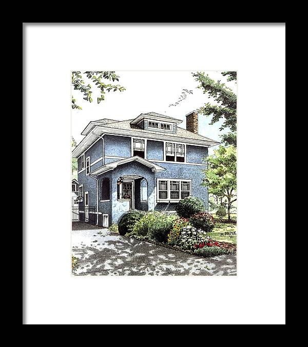 House Framed Print featuring the drawing Blue House by Mary Palmer
