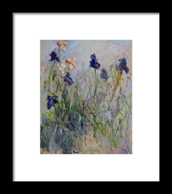 Landscape Framed Print featuring the painting Blue Irises in the field, painted in the open air by Pierre Dijk