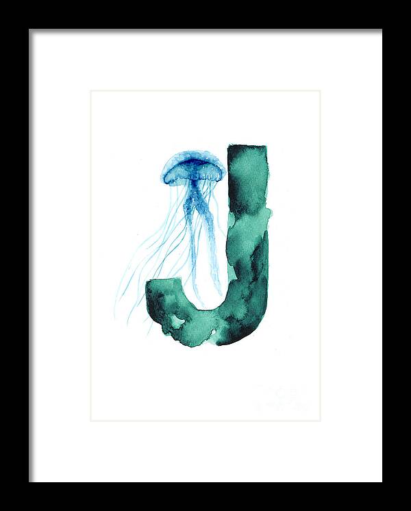 Jellyfish Framed Print featuring the painting Blue jellyfish watercolor alphabet poster by Joanna Szmerdt