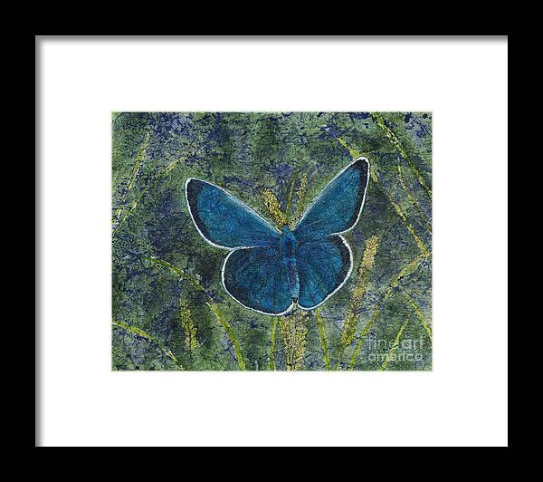 Blue Karner Butterfly Framed Print featuring the painting Blue Karner Butterfly Watercolor Batik by Conni Schaftenaar