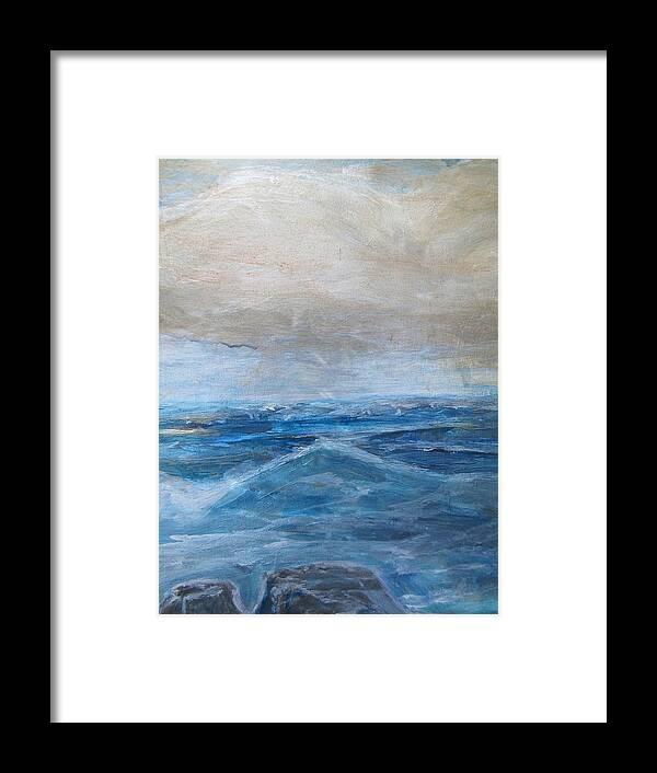 Ocean Framed Print featuring the painting Blue Ocean with Rocks by Denice Palanuk Wilson
