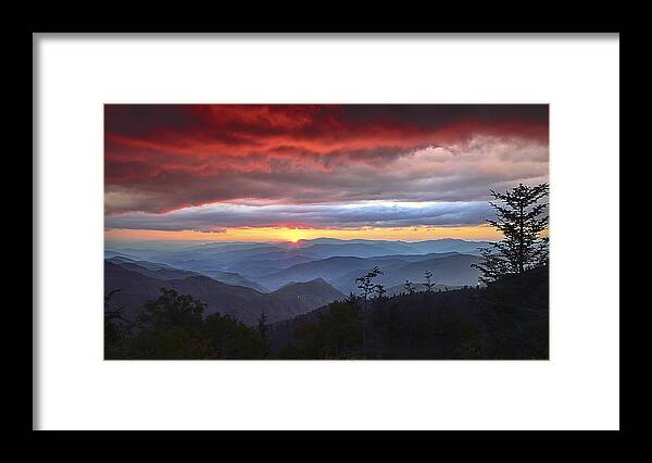 Landscape Framed Print featuring the photograph Blue Ridge Parkway NC Waterrock Red Skies Sunset by Robert Stephens
