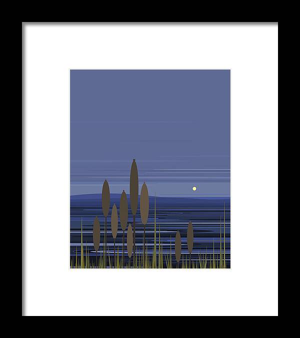 Blue Ripples Withcattails Framed Print featuring the digital art Blue Ripples with Cattails by Val Arie